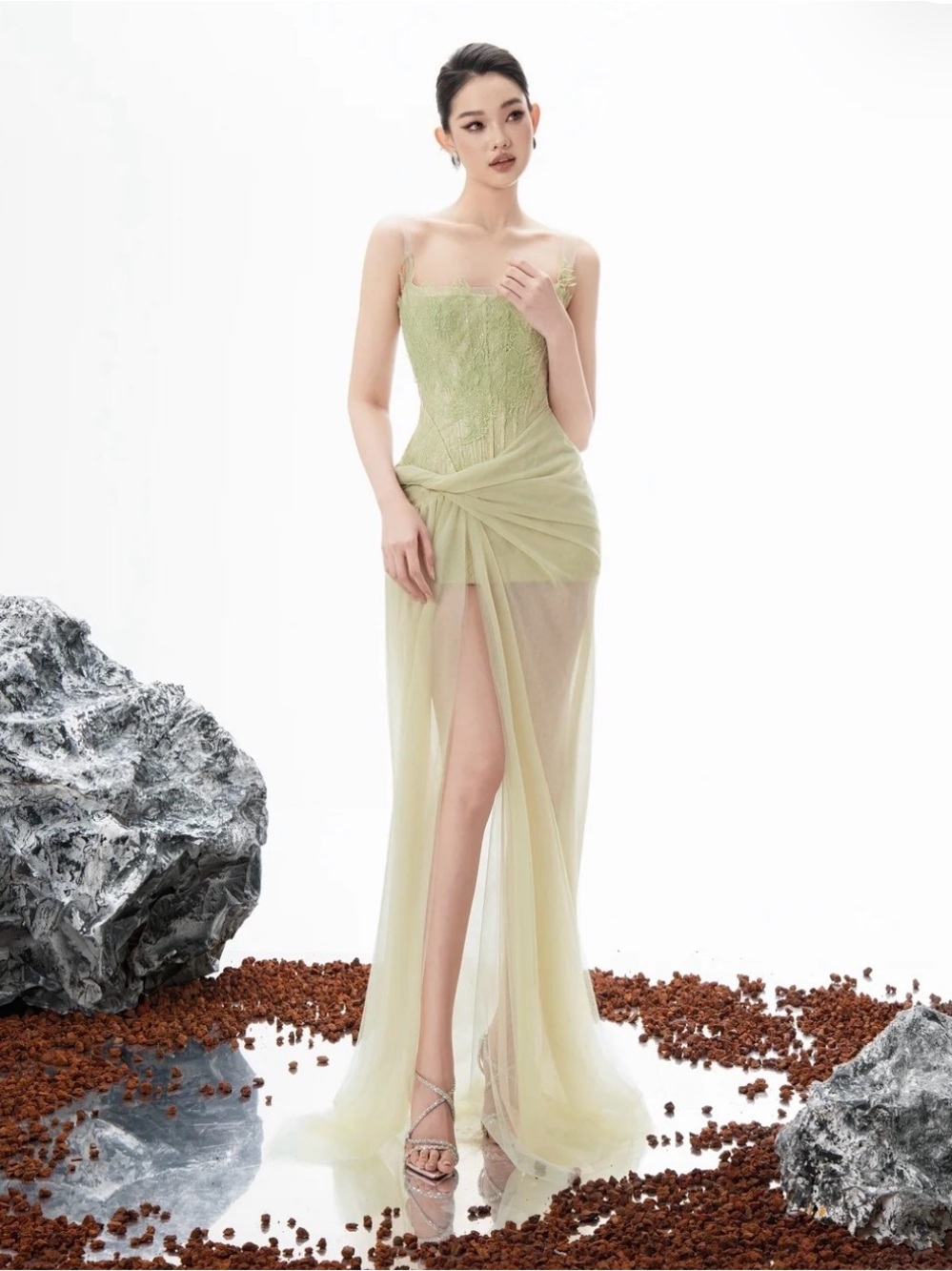 Elegant Light Green Sheer Overlay Evening Dress